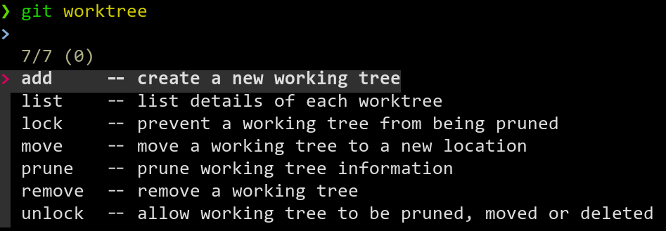 The available options in git-worktree