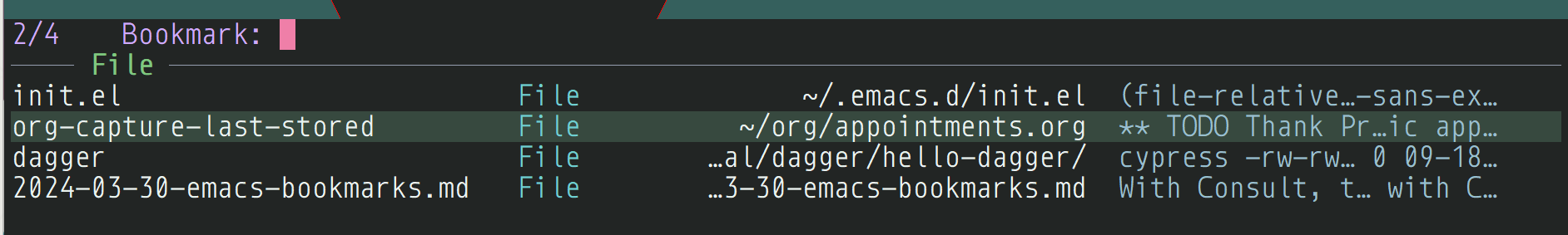 A list of bookmarks displayed by consult-bookmark